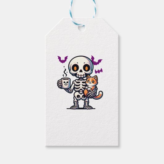 Skeleton Kat en koffie griezelige vader en moeder  Cadeaulabel (Voorkant)