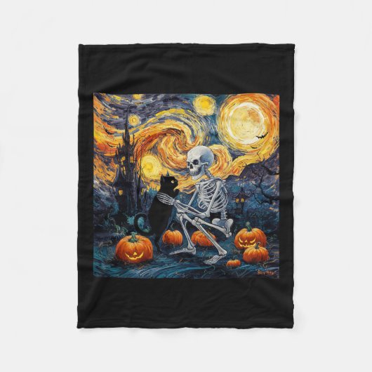 Skeleton Kat Schedel Gothic Halloween Mannen Vrouw Fleece Deken (Voorkant)