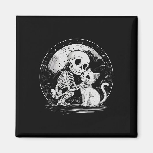 Skeleton Kat Schedel Kat Schattigee Gothic Hallowe Magneet (Voorkant)