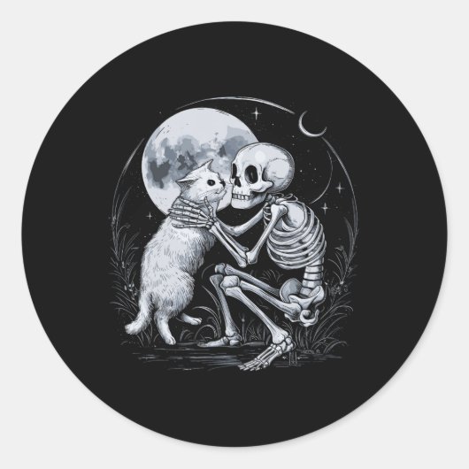 Skeleton Kat Schedel Kat Schattigee Gothic Hallowe Ronde Sticker (Voorkant)