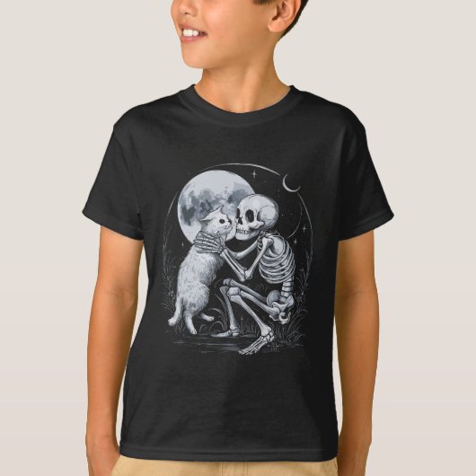 Skeleton Kat Schedel Kat Schattigee Gothic Hallowe T-shirt (Voorkant)