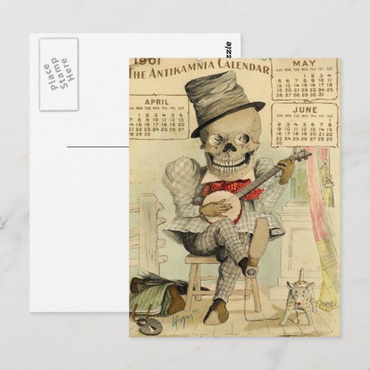 SKELETON Kerel, Gothic, Banjo Player, Kalender 190 Briefkaart (Voorkant / Achterkant)