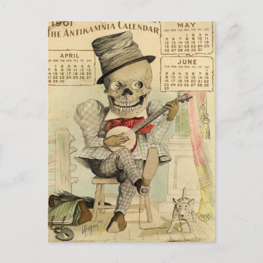SKELETON Kerel, Gothic, Banjo Player, Kalender 190 Briefkaart (Voorkant)