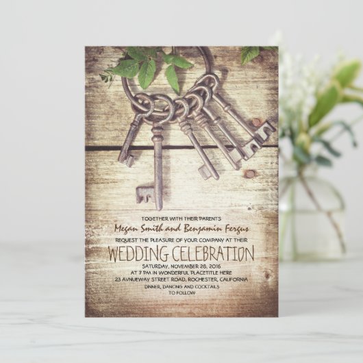 Skeleton Keys Rustieke Huwelijksuitnodigingen Kaart (Staand voorkant)