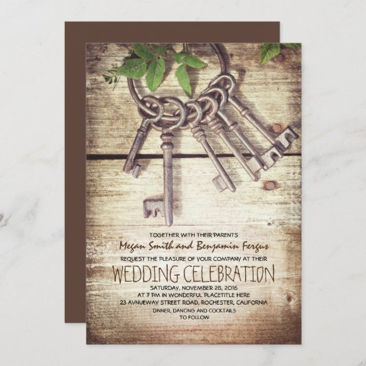 Skeleton Keys Rustieke Huwelijksuitnodigingen Kaart (Voorkant / Achterkant)