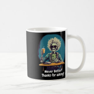 Skeleton koffie nooit beter Halloween kostuum plez Koffiemok