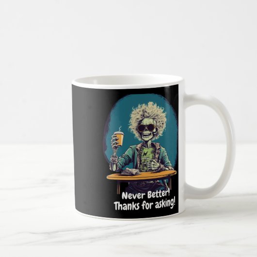 Skeleton koffie nooit beter Halloween kostuum plez Koffiemok (Rechts)