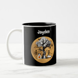 Skeleton loopt hun honden in kostuums tweekleurige koffiemok