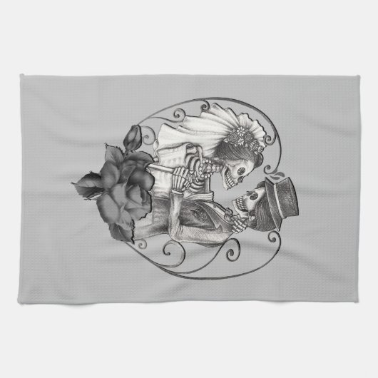 Skeleton Love Paar Huwelijk Dans Elke Kleur Theedoek (Horizontaal)