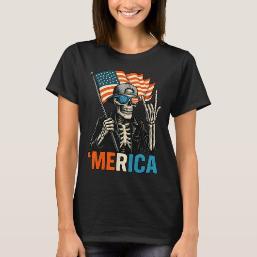 Skeleton Merica Rock American Flag Patriotic Usa 4 T-shirt (Voorkant)