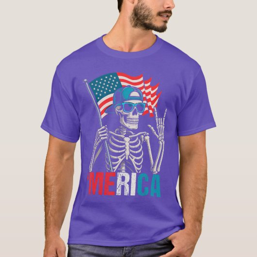 Skeleton Merica Rock American Flag Patriotic USA 4 T-shirt (Voorkant)