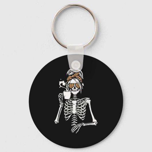 Skeleton Messy Bun Coffee Drinking Halloween Costu Sleutelhanger (Voorkant)
