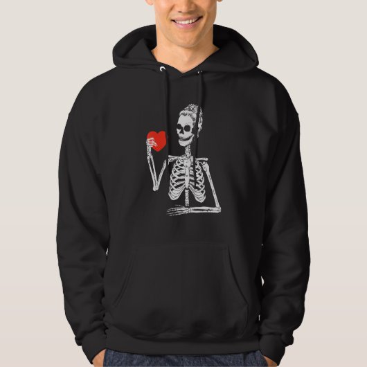 Skeleton Messy Bun Heart Valentines Day Bones Skul Hoodie (Voorkant)