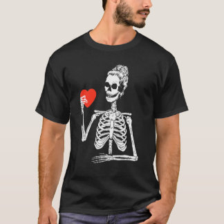 Skeleton Messy Bun Heart Valentines Day Bones Skul T-shirt