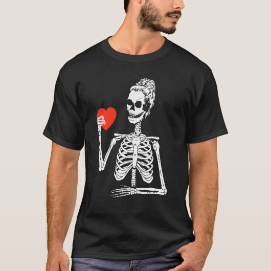 Skeleton Messy Bun Heart Valentines Day Bones Skul T-shirt (Voorkant)