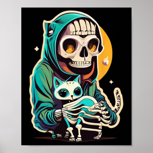 Skeleton met een Shirt van een kat Lazy Halloween  Poster (Voorkant)