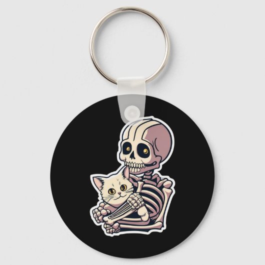 Skeleton met een Shirt van een kat Lazy Halloween  Sleutelhanger (Voorkant)