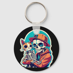 Skeleton met een Shirt van een kat Lazy Halloween Sleutelhanger
