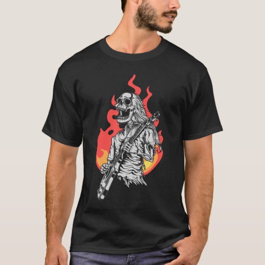 Skeleton met elektrische Guitar Flames Rock Music T-shirt (Voorkant)