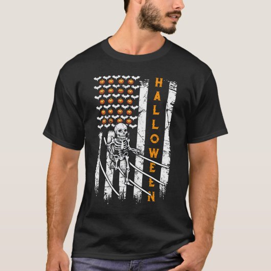 Skeleton met Halloween Runner US vlag T-shirt (Voorkant)