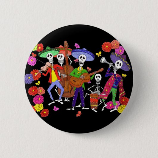 Skeleton Musicians Mariachi Band Guitar Violin + Ronde Button 5,7 Cm (Voorkant)