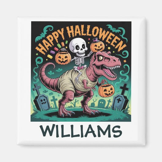 Skeleton op Mummy T-Rex - Spooky Dino Rider Magneet (Voorkant)