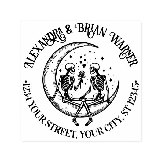 Skeleton Paar op Halve Maan Naam RET Adres Zelfinktende Stempel (Design)