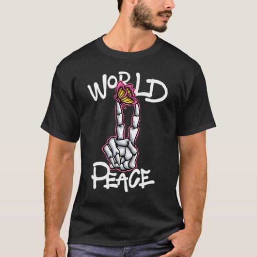 Skeleton Peace Sign with Butterfly streetwear  T-shirt (Voorkant)