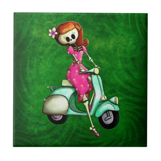 Skeleton Pin Up Girl op Scooter Tegeltje (Voorkant)