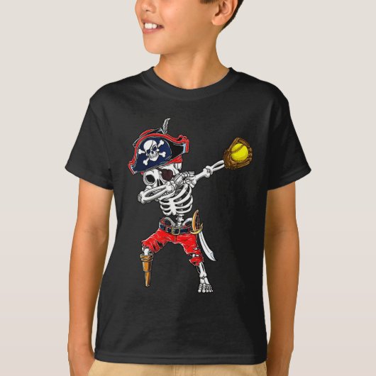 Skeleton Pirate & Camp; Softbal Halloween Kosten T-shirt (Voorkant)