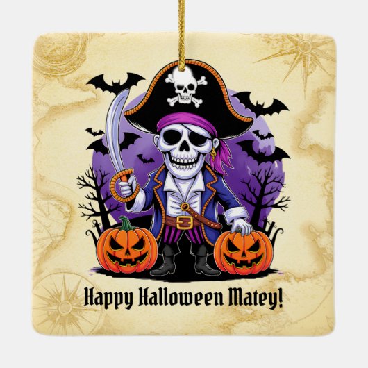 Skeleton Pirate Happy Halloween Matey Keramisch Ornament (Achterkant)