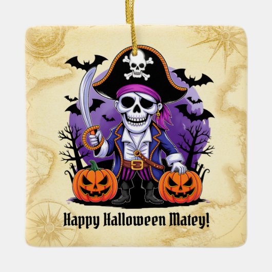 Skeleton Pirate Happy Halloween Matey Keramisch Ornament (Voorkant)