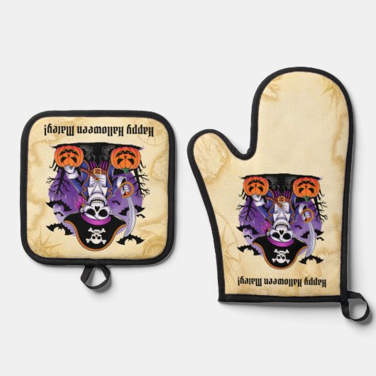 Skeleton Pirate Happy Halloween Matey Ovenwant & Pannenlap Set (Voorkant)