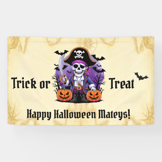 Skeleton Pirate Happy Halloween Mateys Spandoek (Horizontaal)