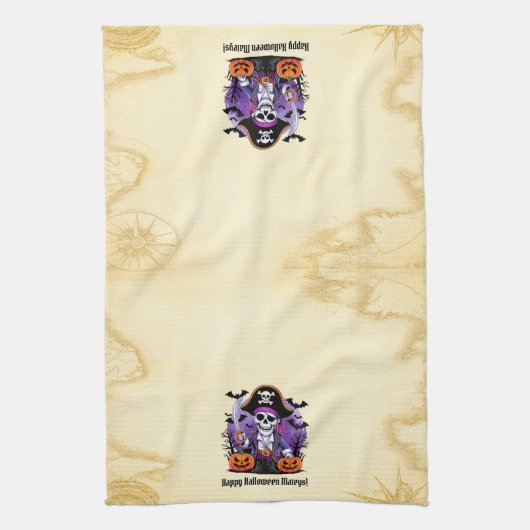 Skeleton Pirate Happy Halloween Mateys Theedoek (Verticaal)