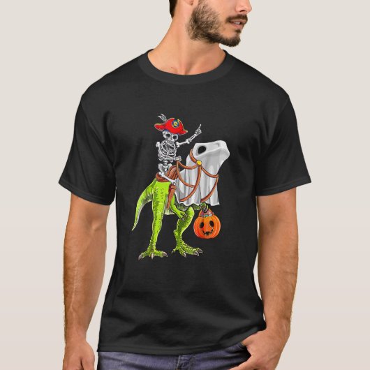 Skeleton Pirate Riding Skeleton Dinosaur Halloween T-shirt (Voorkant)