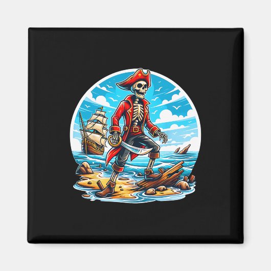 Skeleton Pirate T-shirt Skull Halloween Skeleton P Magneet (Voorkant)