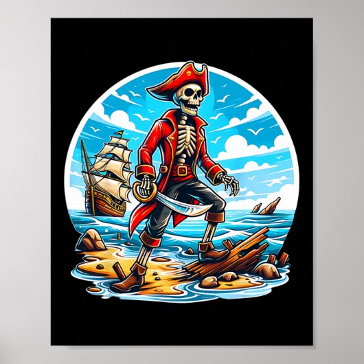 Skeleton Pirate T-shirt Skull Halloween Skeleton P Poster (Voorkant)