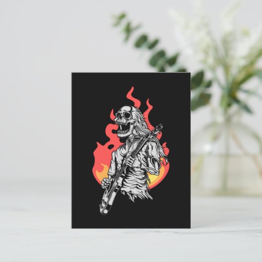 Skeleton playing electric Guitar Flames Rock Music Briefkaart (Staand voorkant)