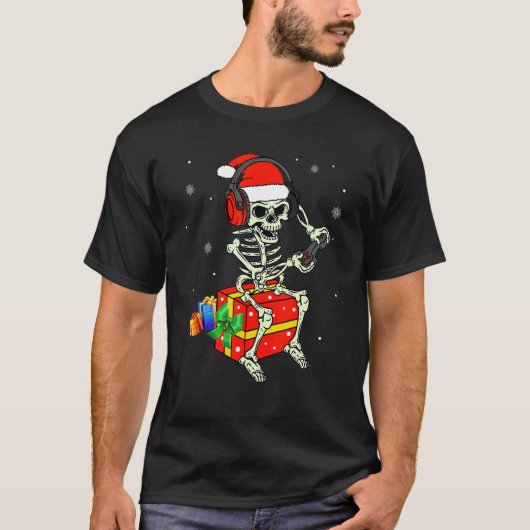 Skeleton Playing Game Christmas Pajaman For Men Bo T-shirt (Voorkant)