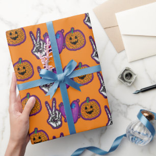 Skeleton Pumpkin Peace Love Halloween Cadeaupapier