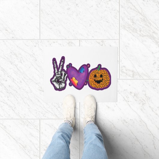 Skeleton Pumpkin Peace Love Halloween Deurmat (Binnen)