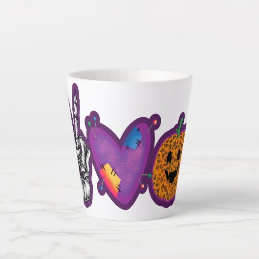 Skeleton Pumpkin Peace Love Halloween Latte Mok (Voorkant)