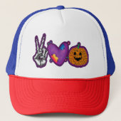 Skeleton Pumpkin Peace Love Halloween Trucker Pet (Voorkant)