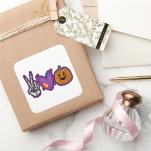 Skeleton Pumpkin Peace Love Halloween Vierkante Sticker