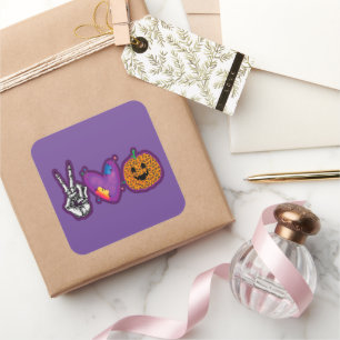 Skeleton Pumpkin Peace Love Halloween Vierkante Sticker