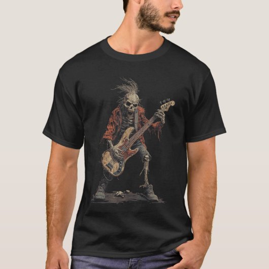 Skeleton Punk Rocker Halloween Bass Guitar Rock N  T-shirt (Voorkant)