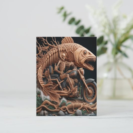 Skeleton reed zijn helikopterfiets over het pad briefkaart (Staand voorkant)