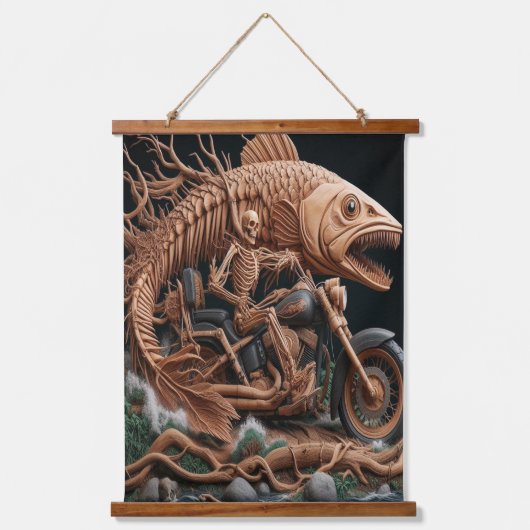 Skeleton reed zijn helikopterfiets over het pad hangend wandkleed (Voorkant)