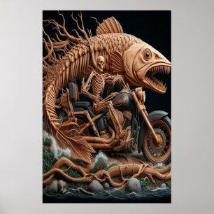 Skeleton reed zijn helikopterfiets over het pad poster